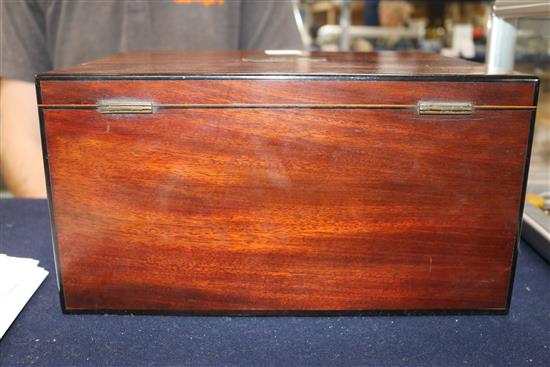 An early Victorian mahogany work box and sewing accessories 17 x 30cm